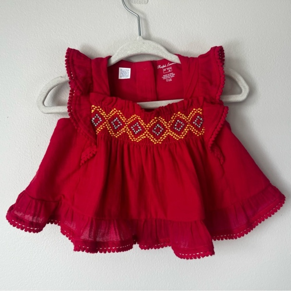 Ralph Lauren Baby Girl's 3M Pink Gauze Crochet Top Ruffled Cap Sleeves Pink Pony